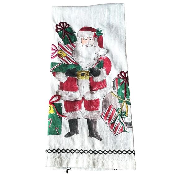 Embroidered Santa Dish Towel One Only Pier One Zig Zag Trim 3D - Picture 1 of 7